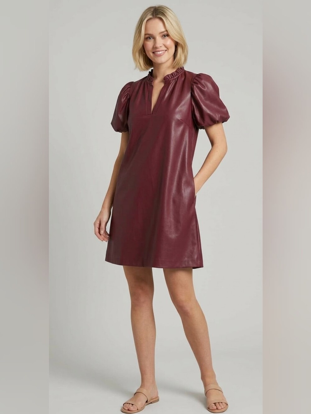 entro Burgundy Faux-Leather Puff Sleeve Mini Dress